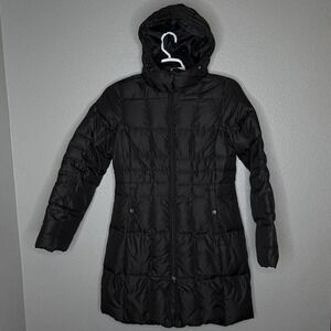 Eddie Bauer Goose Down Puffer Coat Detachable Hood Long Black Womens M‎ Quilted